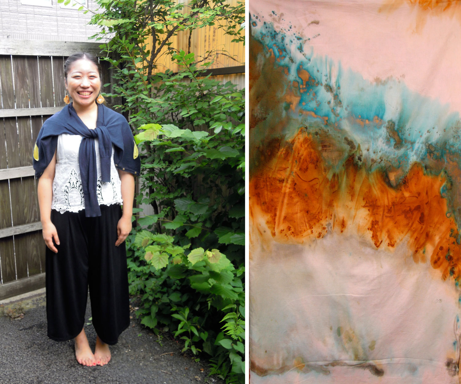 Left: Keico Murakami. After graduating Musashino University of Arts, she worked as an textile-product designer at a company. Later in 2011, she established a brand "sabi-nuno."