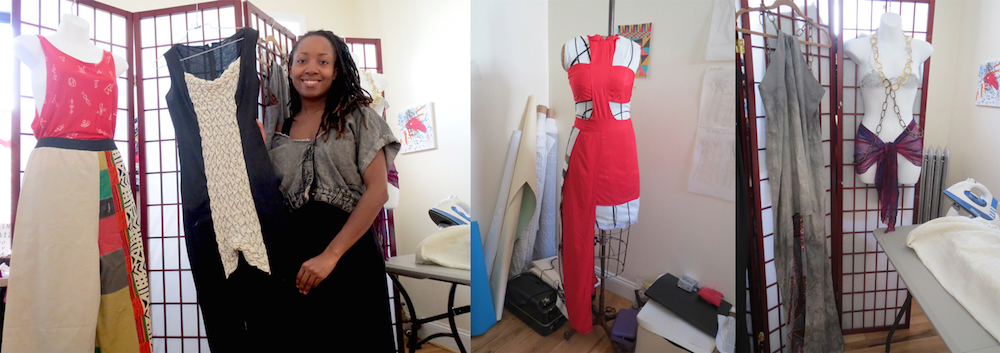 （左）Tamaraさんとコレクション、（中央）使わなくなったベッドシーツからつくったドレス、（右） 