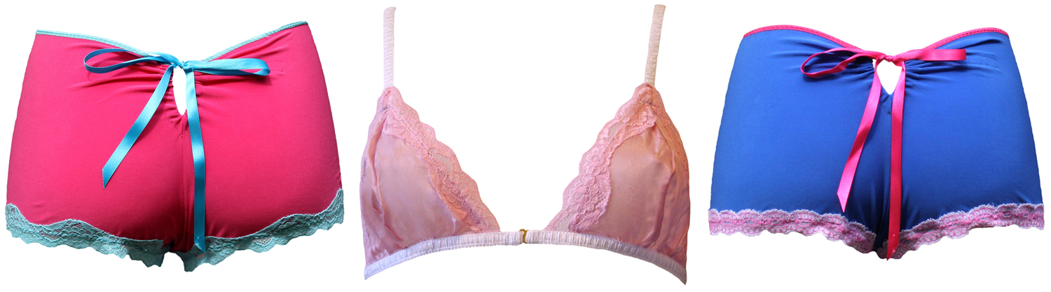 (左→右)Juliette Fuchsia Knickers、Candyfloss Silk Bra、Shirley Blue Knickers(Via bunnysmalls.com)