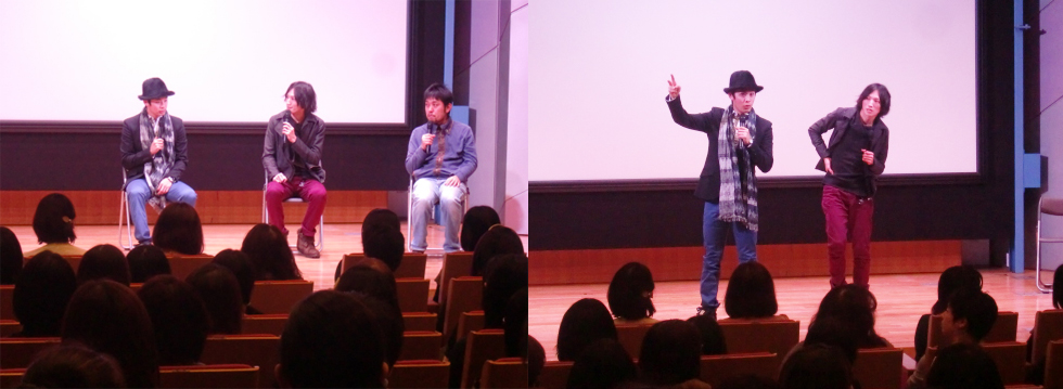 1部に登場した林明寛さん、平野良さん、なるせゆうせいさん（左→右）。撮影を振り返り、楽しそうな舞台裏を明かします。（写真提供：NPO法人ハロハロ）