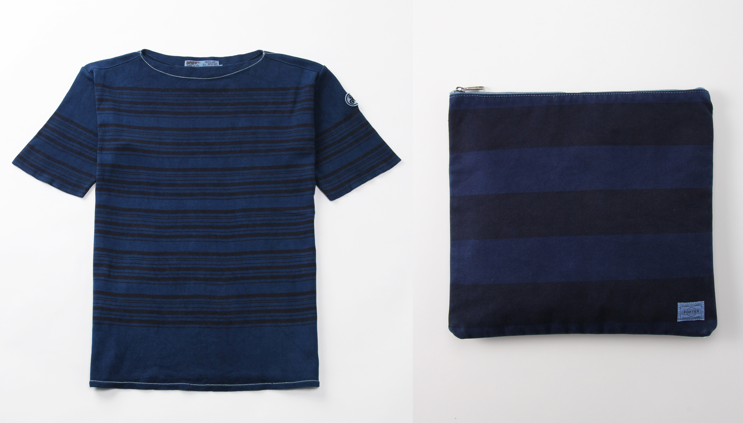 (左)HAVERSACK・バスクTシャツ〈19,000円+税〉、(右)HEAD PORTER・クラッチバッグ〈12,500円+税〉