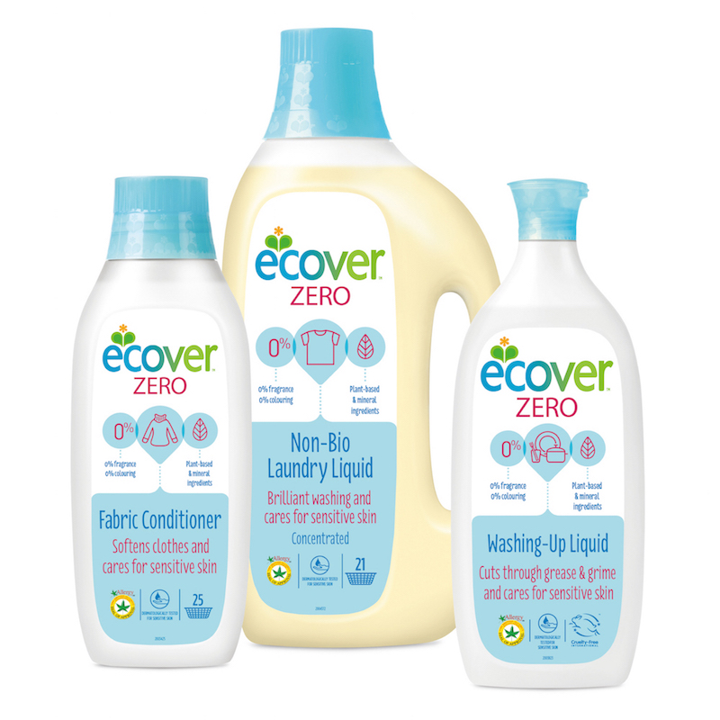 (左→右)「ゼロ ファブリックコンディショナー〈柔軟仕上げ剤〉(750ml)」850円+税、「ゼロ ランドリーリキッド〈洗たく用液体洗剤〉(1500ml)」1800円+税、「ゼロ 食器用洗剤(750ml)」980円+税