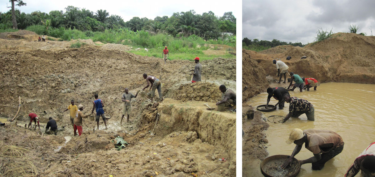 ダイヤモンド採掘の様子。（左）バケツリレーで採掘したダイヤを運ぶ。（右）ウォッシングの様子。〈 Photography：Chie Murakami, 2012, Kono, Sierra Leone〉