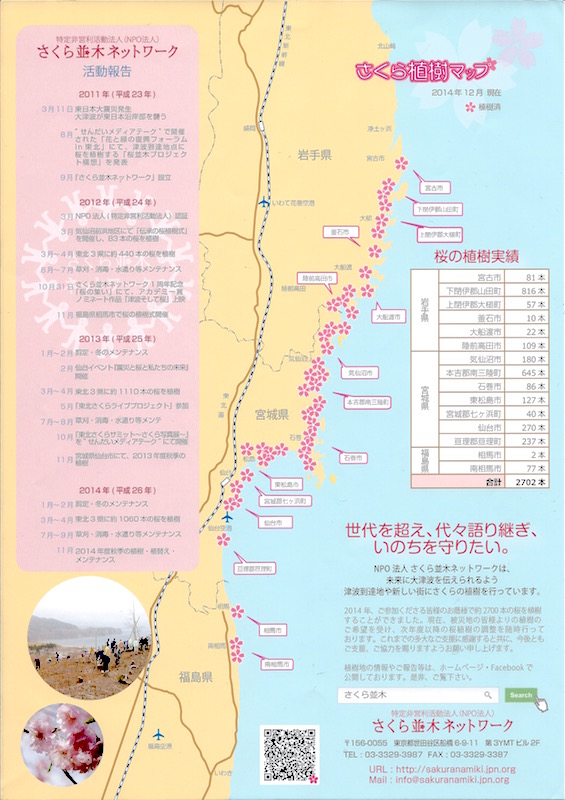 2014年12月現在の植樹マップ。北は岩手県・宮古市から南は福島県・南相馬市まで2,702本が続く。（IMAGE：NPO法人さくら並木ネットワーク）