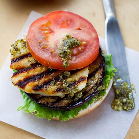 Grilled Eggplant, Vegan Halloumi and Pesto Burger