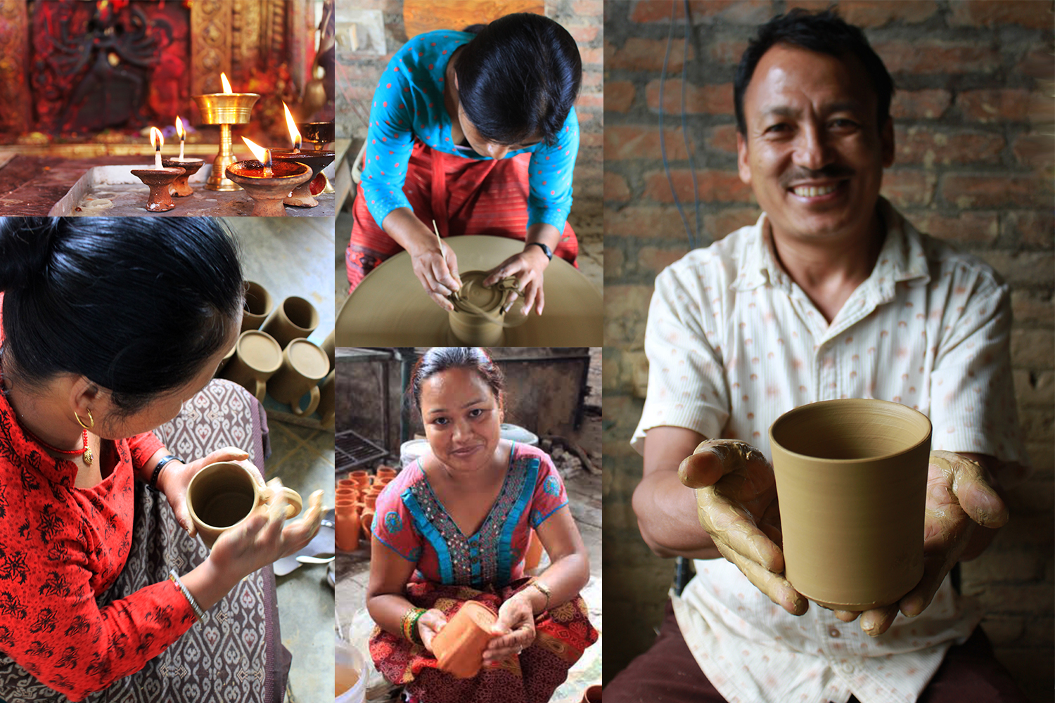 ろくろを回す2人の職人は、陶器を作って25年以上の熟練の腕を持つ。そのほかにも高台を削る女性、釉薬を塗る男性、表面を磨く女性……。何人もの手を経てカップができあがる。（写真提供：THREE PANS）